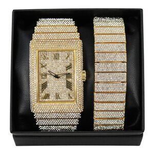 18k Gold Roman Numeral Square ICED-OUT Custom Watch Set with Bracelet
